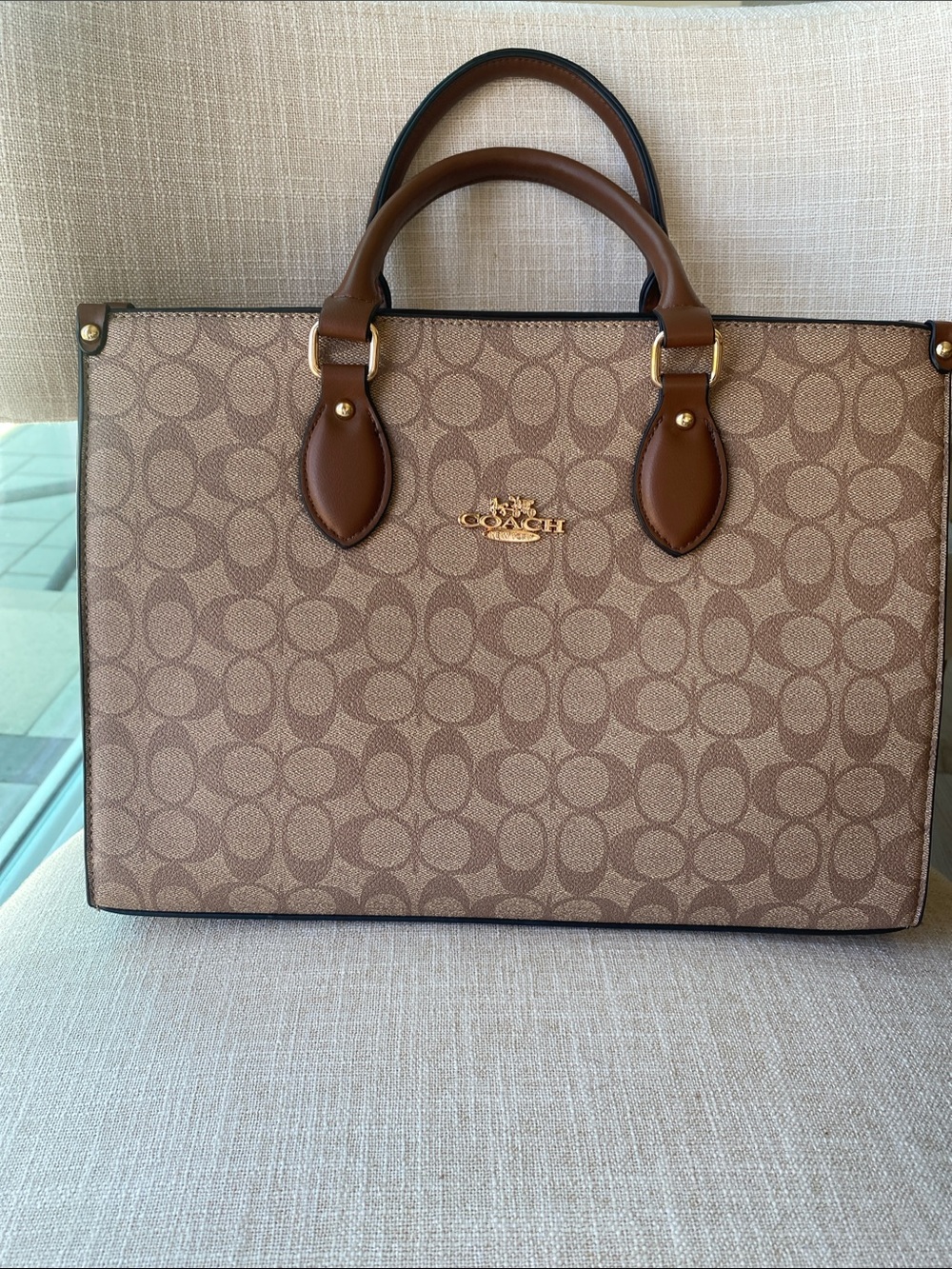 Coach Tan Signature Canvas Satchel with Brown Leather Handles